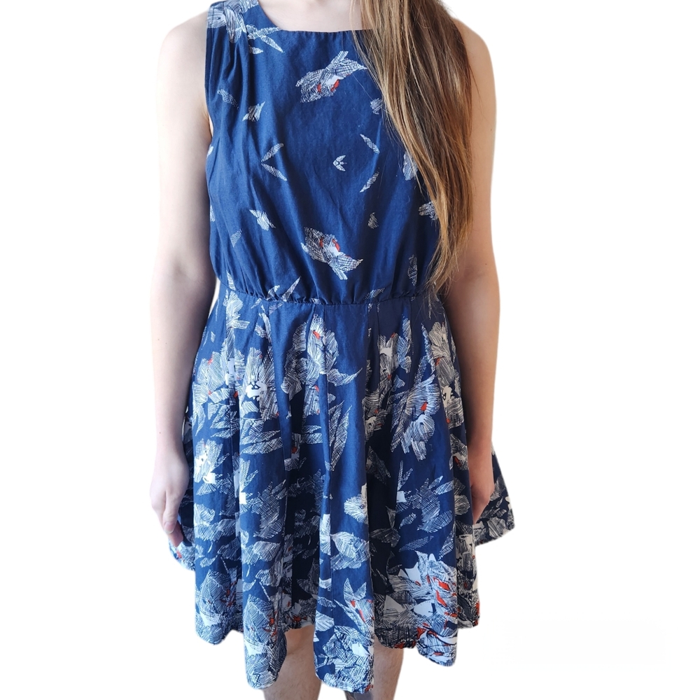Lavand Navy Blue Dress White Orange Print Sleeveless Cutout Back Mini Medium - Picture 12 of 16